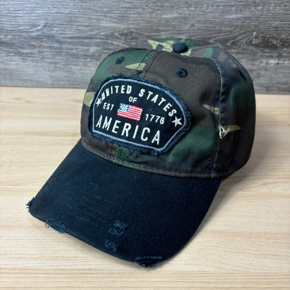 USA Hat Cap Strap Back‎ Red Green Camo Army United States of America Adjustable